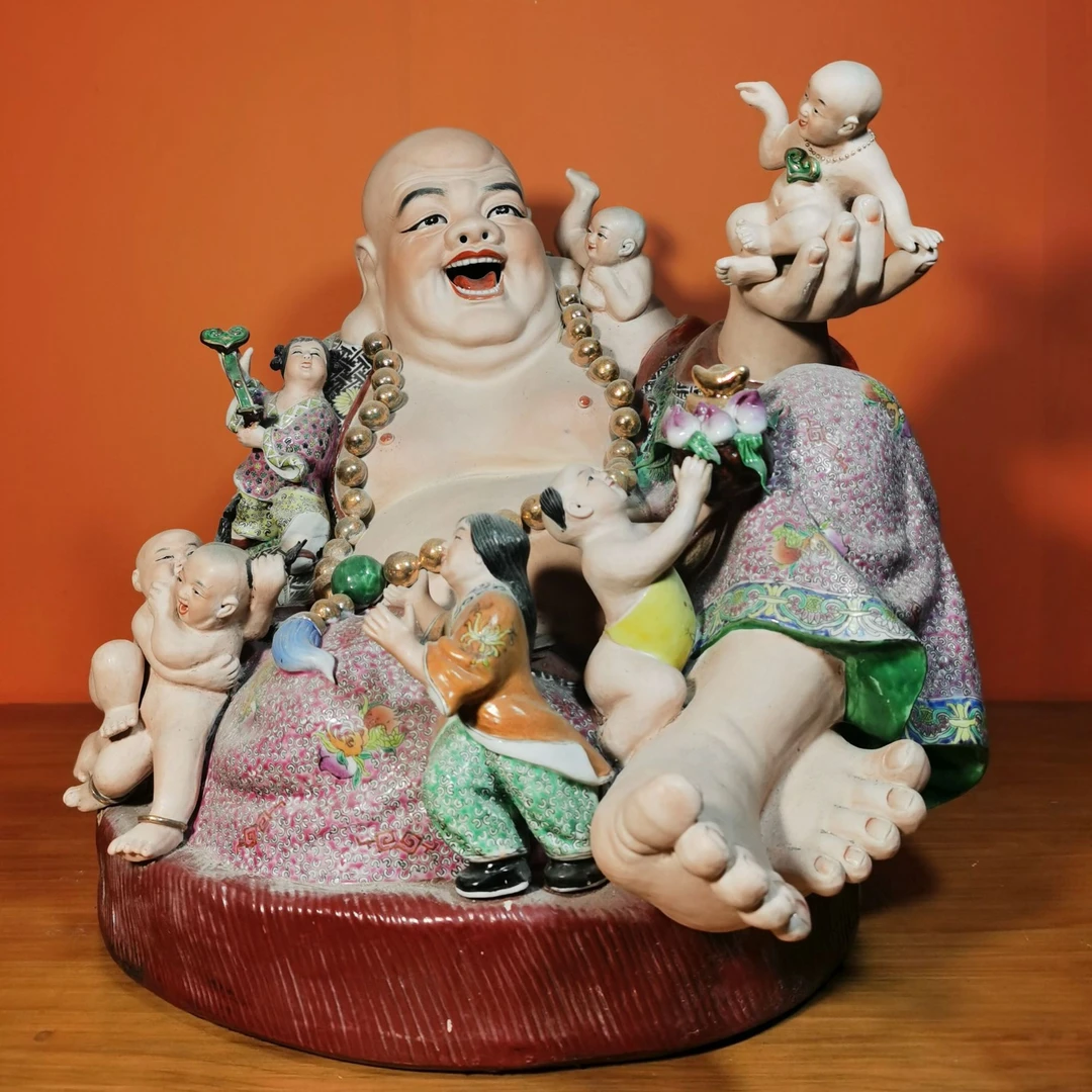 七子弥勒佛景德镇陶瓷老厂货七子闹弥勒中式大肚佛送子弥勒摆件