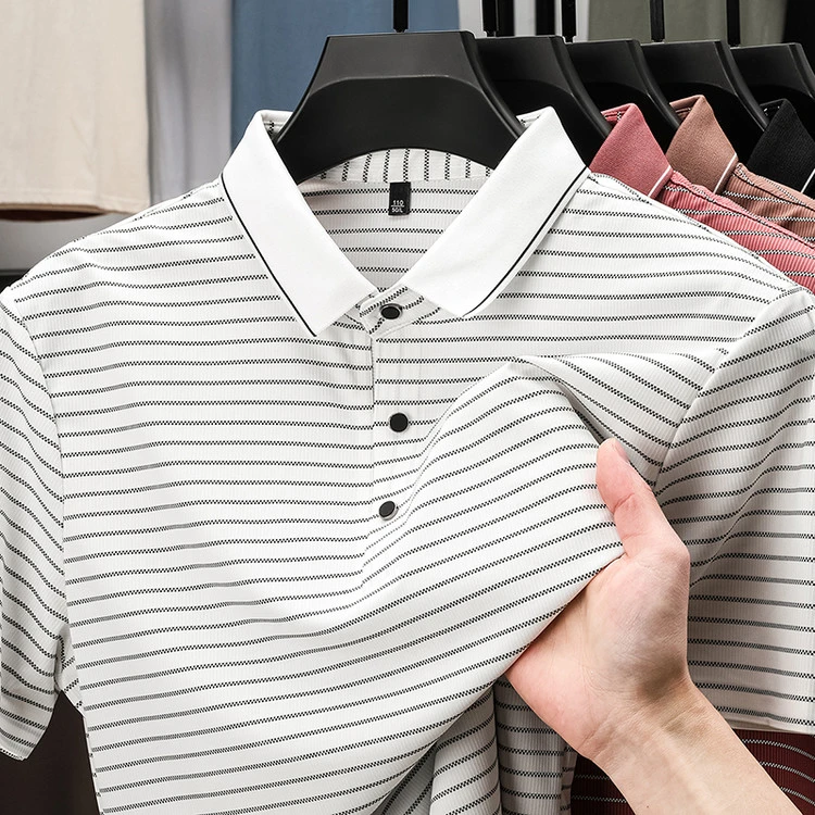 男士短袖商务休闲薄款条纹提花翻领Polo衫夏季半袖男装时尚宽松