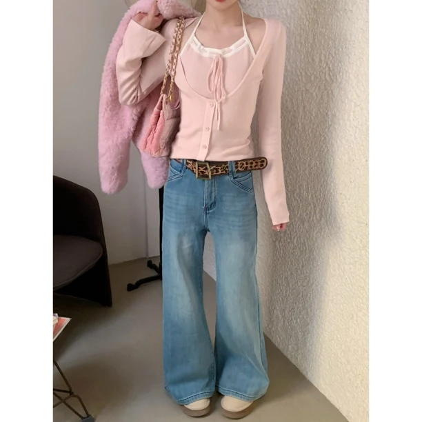 赵小小【纯欲担当】T-99043 秋季韩系纯欲挂脖假两件上衣显瘦毛衣女