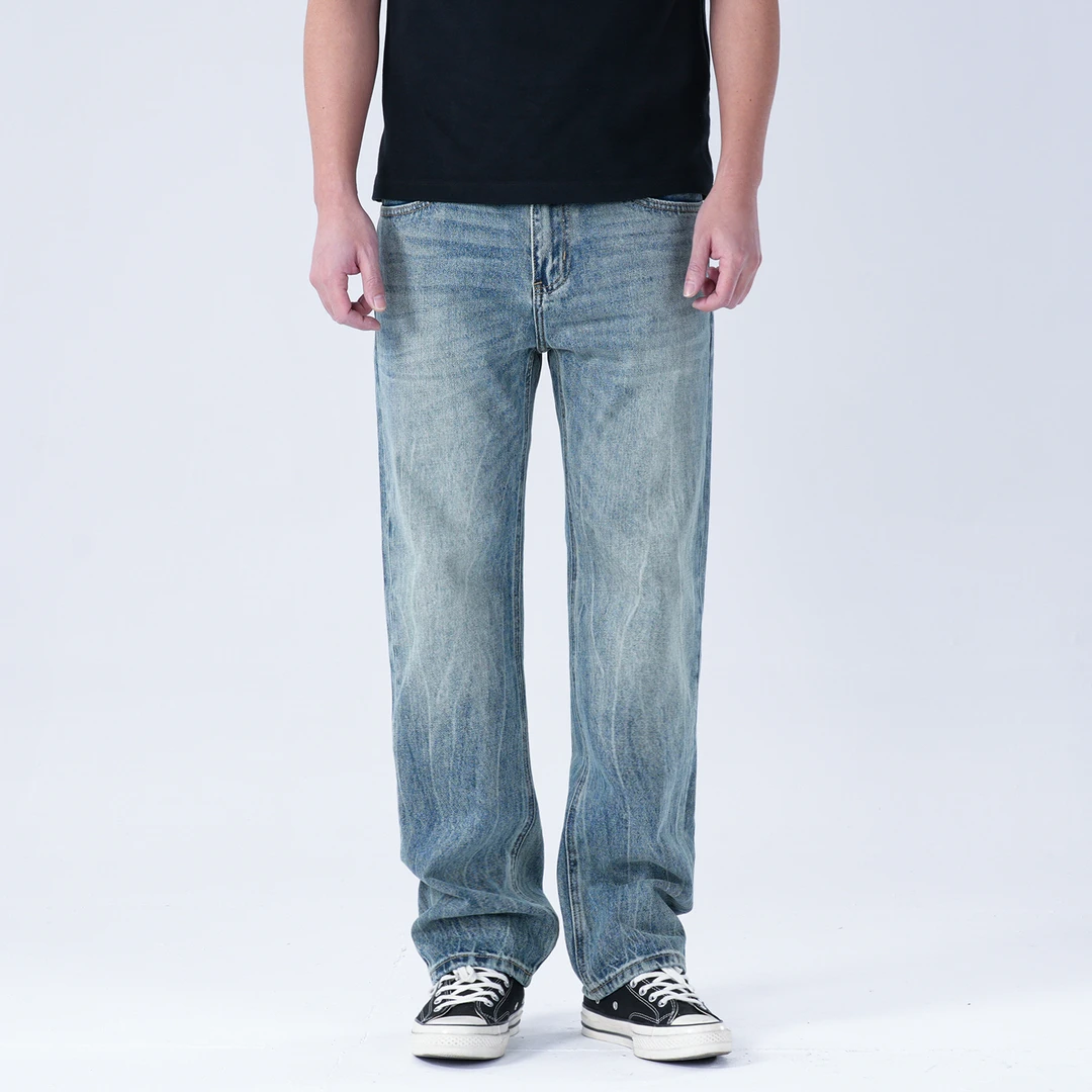 DIPAI/底牌【宽松直筒】无弹春夏闪电扎花巴黎绿复古水洗牛仔裤男士