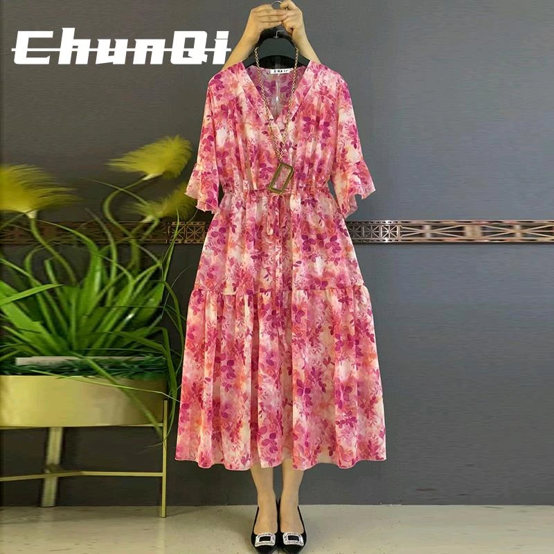 淳启夏季轻熟风碎花连衣裙大码女装胖mm气质V领收腰显瘦洋气女裙