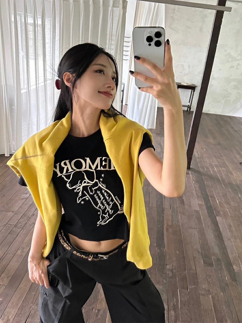 美式复古辣妹短款正肩印花短袖t恤#GG88