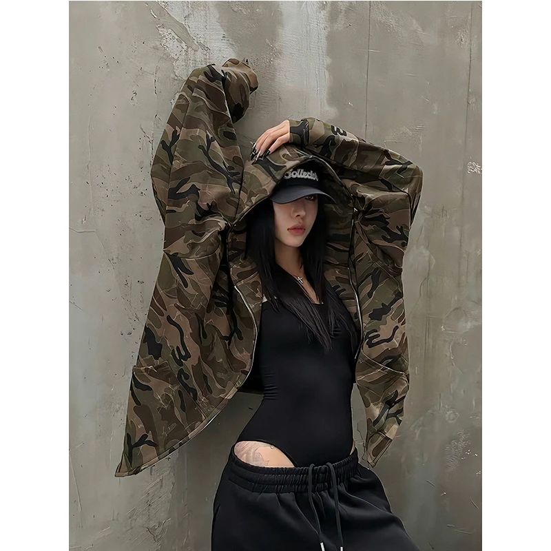 美式复古迷彩连帽卫衣男秋季设计感中性风oversize连帽衫情侣外套