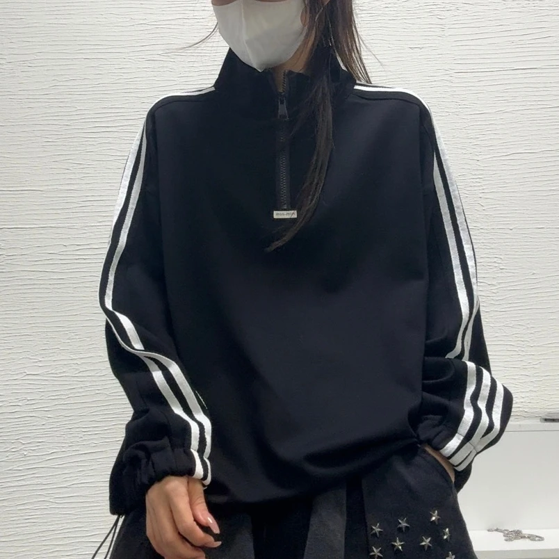 6129新款宽松休闲百搭拉链拼条拉绳卫衣