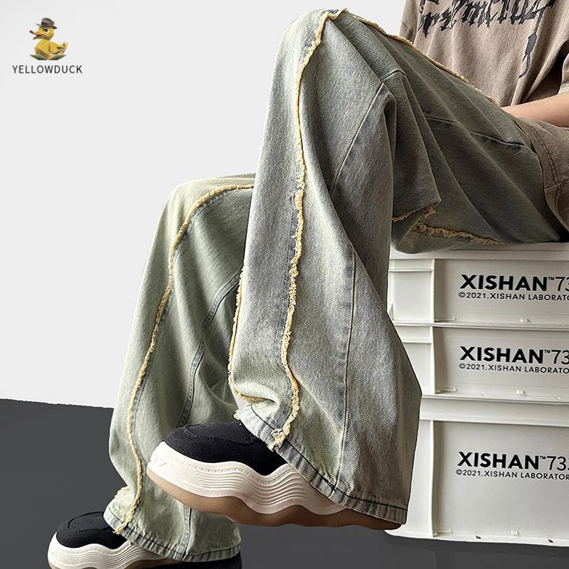 欧美风做旧水洗渐变牛仔长裤男士春季ins高街阔腿直筒毛边拖地裤