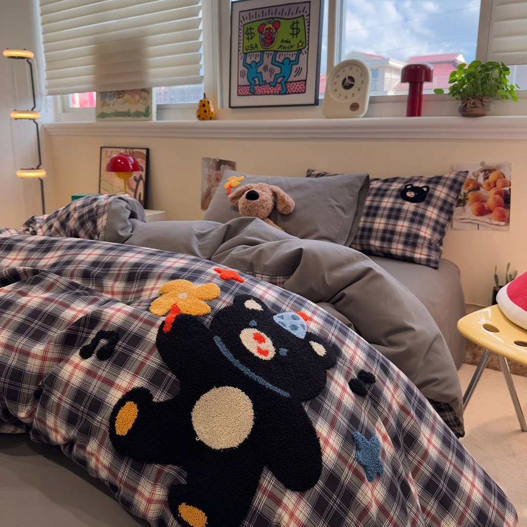 卡通可爱风车小熊毛巾绣磨毛床上四件套纯棉100%全棉被套床单床笠