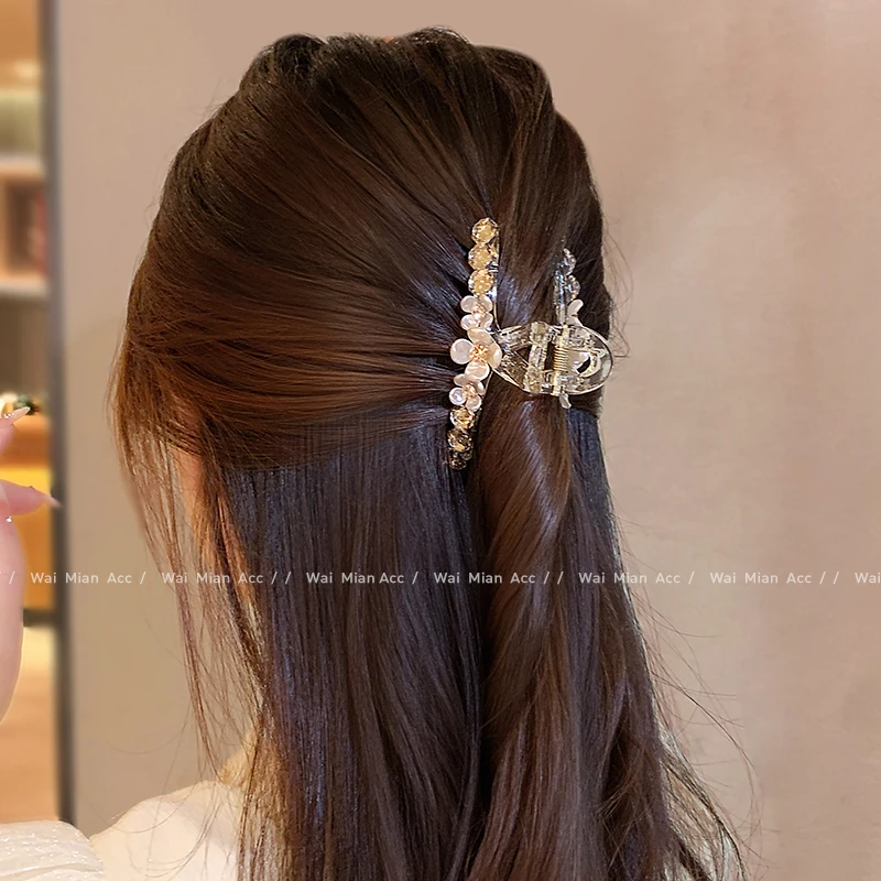 东大门新款水钻透明抓夹刘海夹女轻奢花朵后脑勺半扎发夹鲨鱼夹