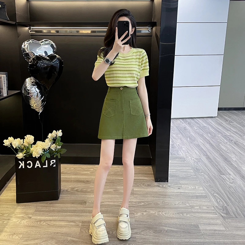 2025新款短袖针织衫牛仔裙时尚套装女小个子洋气减龄夏季显瘦