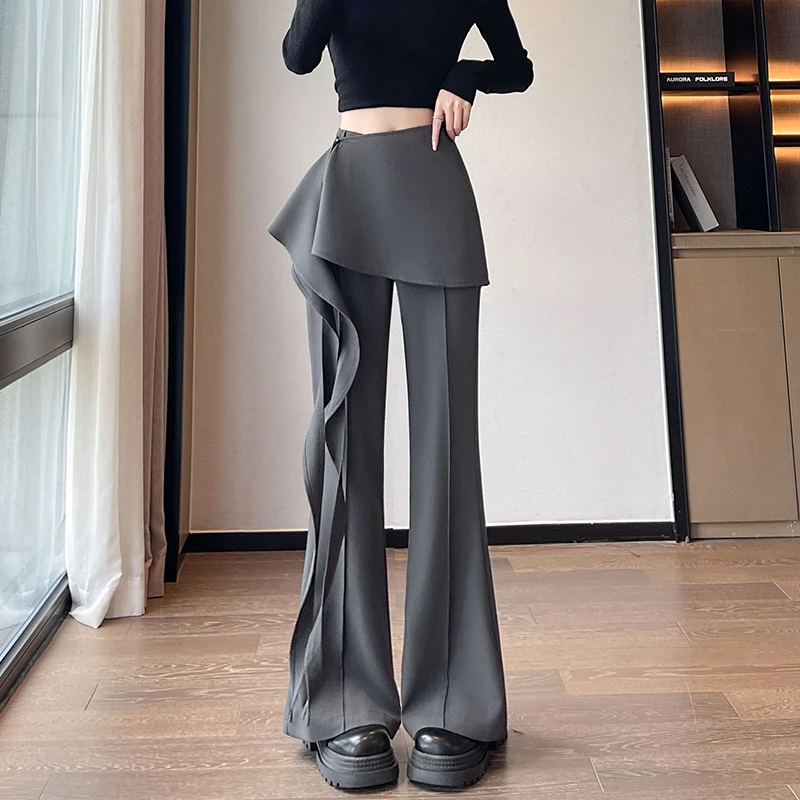 荷叶边围裙式西装微喇裤女2025秋季高腰显瘦休闲喇叭裤裙裤海带裤