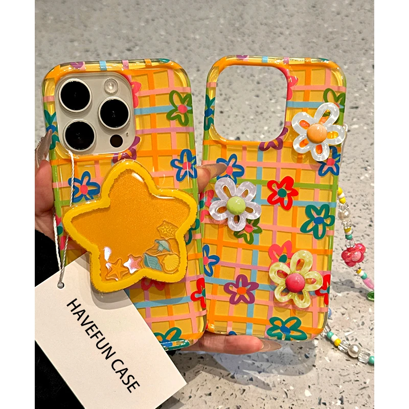 彩色格纹线条花朵适用苹果16手机壳iPhone13/15华为vivo小米oppo