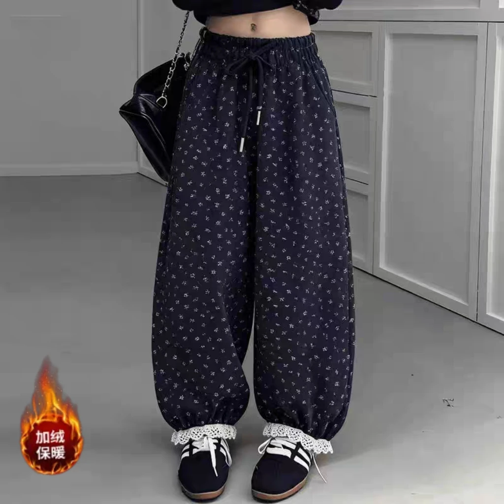 55057男女童秋冬加绒加厚小碎花腰中大童休闲束脚高级感韩版长裤