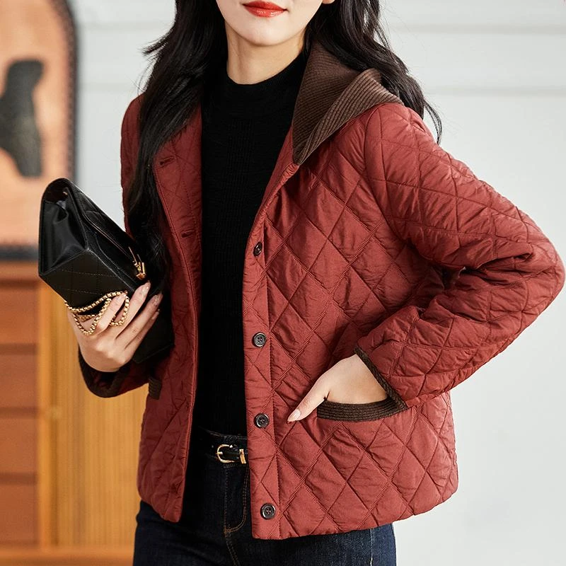 中年妈妈秋冬外套2025新款短款小香风洋气减龄冬装轻薄菱格小棉袄