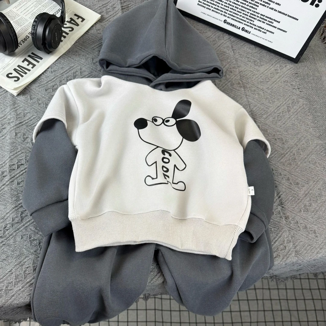 【连帽加绒】2025秋冬加绒新款男童长袖韩版洋气百搭卫衣套装