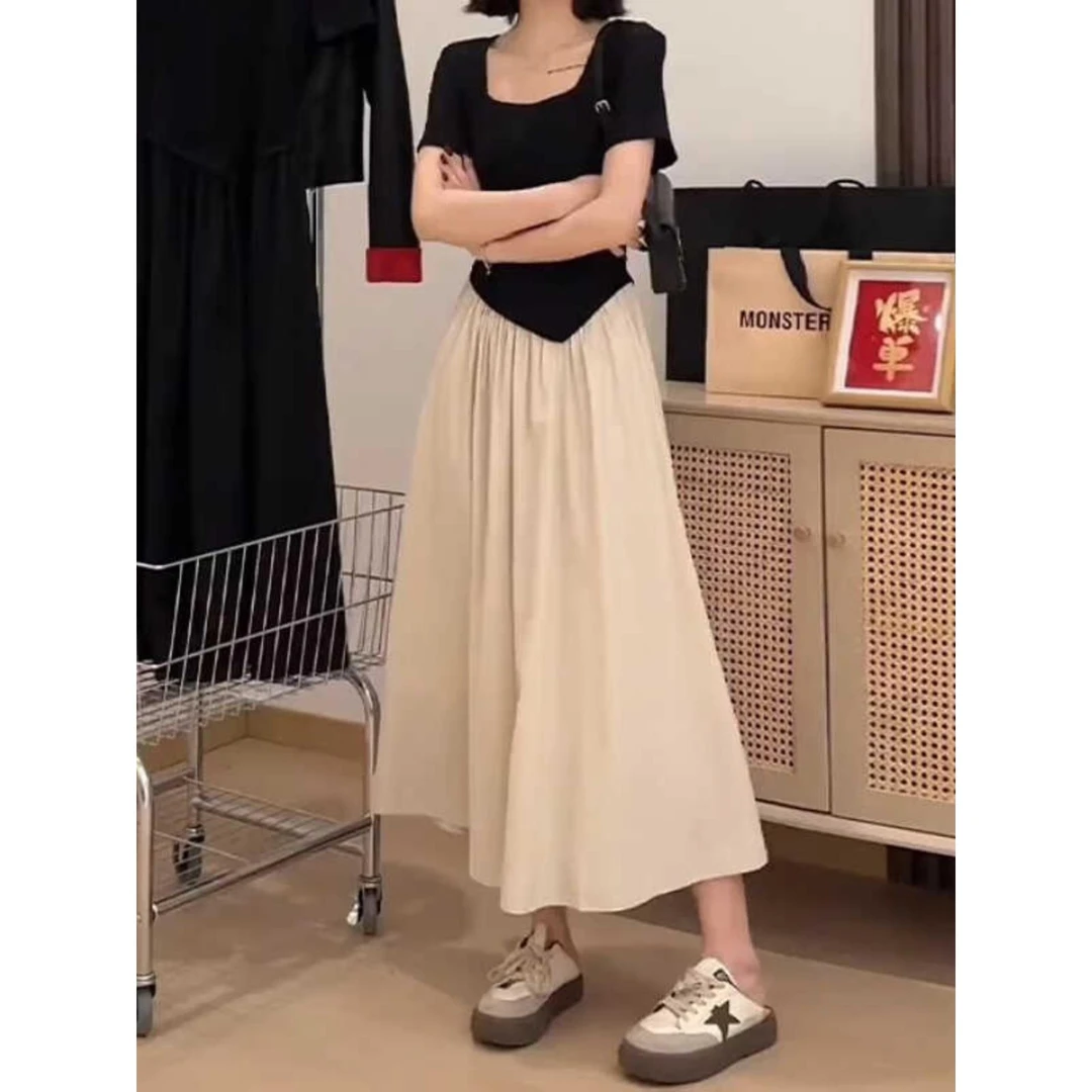 大码御姐轻熟风连衣裙夏季胖mm修身简约慵懒风法式方领百搭裙子