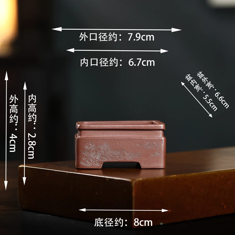 紫砂花盆盆景手工刻绘马槽盆微型盆栽古典花卉绿植长方花盆
