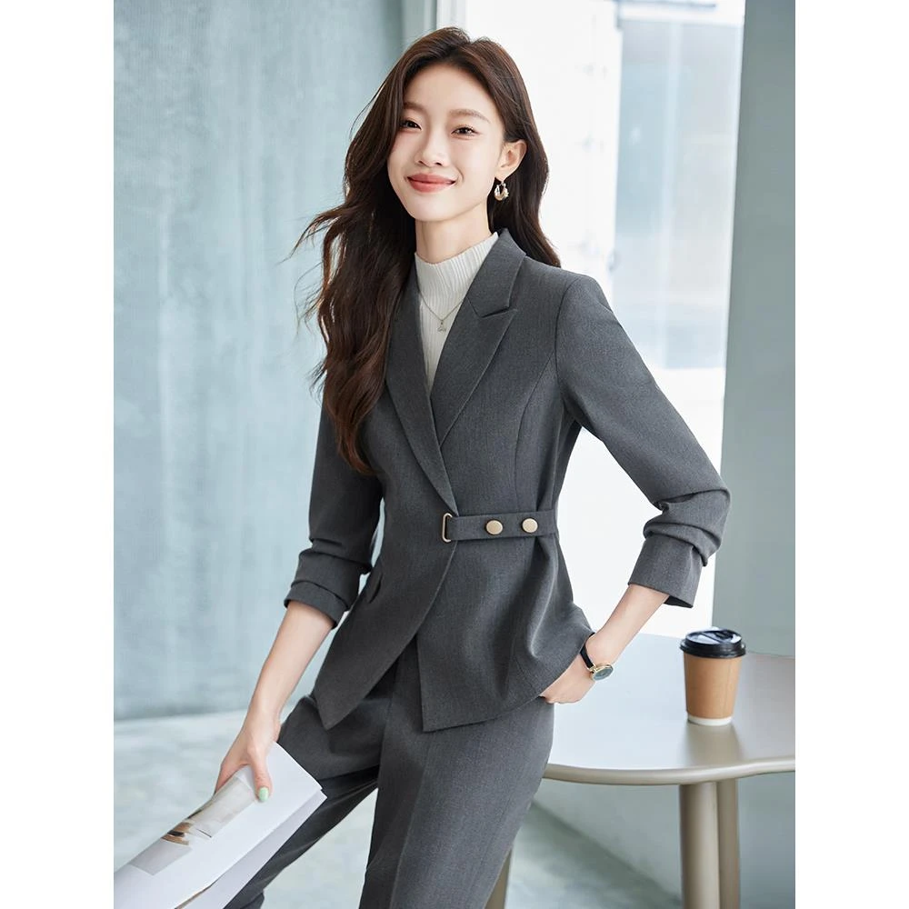 灰色西装外套女秋冬新款高端职业正装收腰西服套装工装酒店工作服