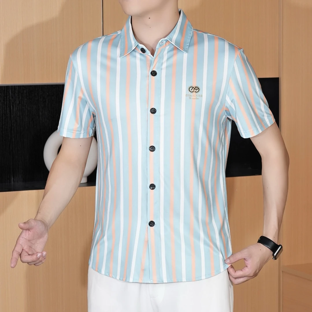 2025夏季男士条纹衬衫衬衣时尚休闲薄款印花帅气立领百搭