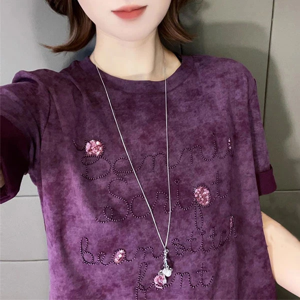 时尚扎染刺绣亮片短袖T恤女2025夏季新款设计感休闲百搭显瘦上衣