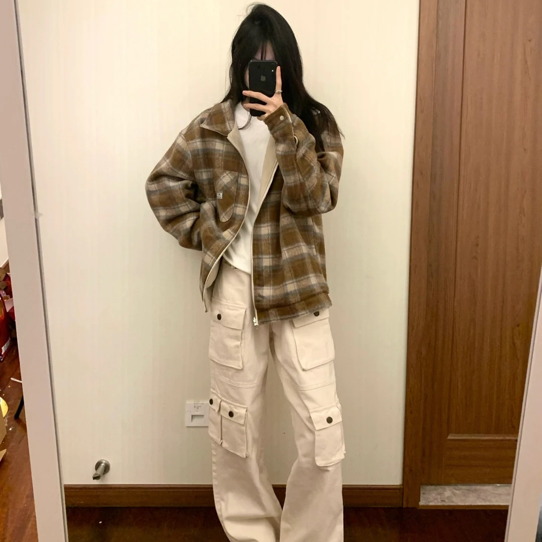 E1#某wu近3张!小香风刺绣双面穿美式复古格子夹克 男女同款