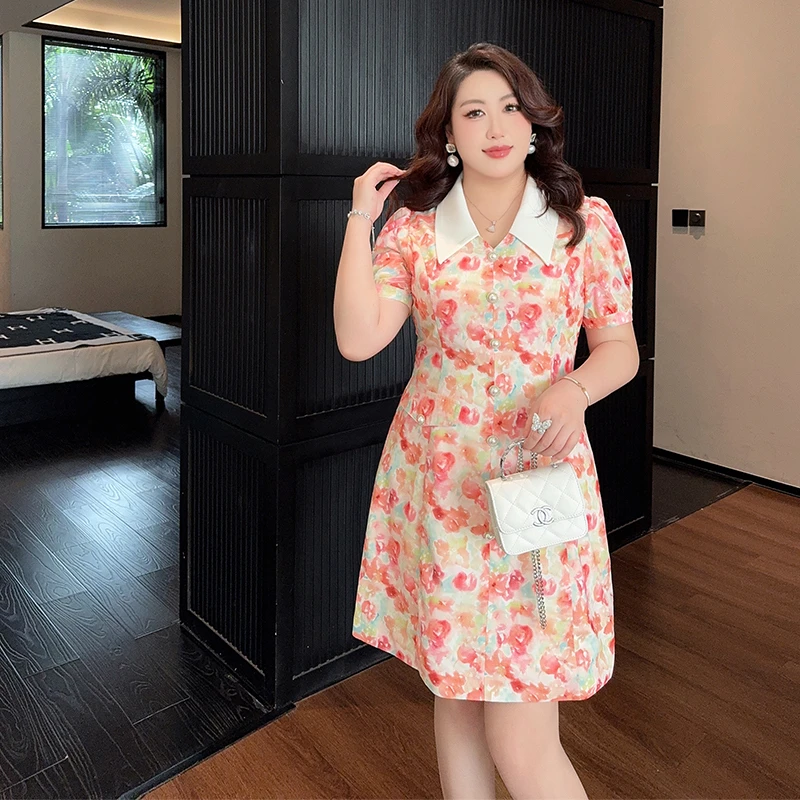 GLEC大码女装2025夏季新款法式时尚复古油画印花娃娃领碎花连衣裙