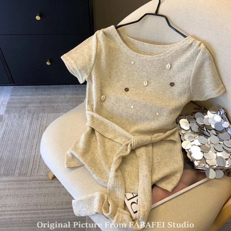 杏色立体贝壳针织短袖t恤女夏季绑带设计感打底衫辣妹束腰小上衣