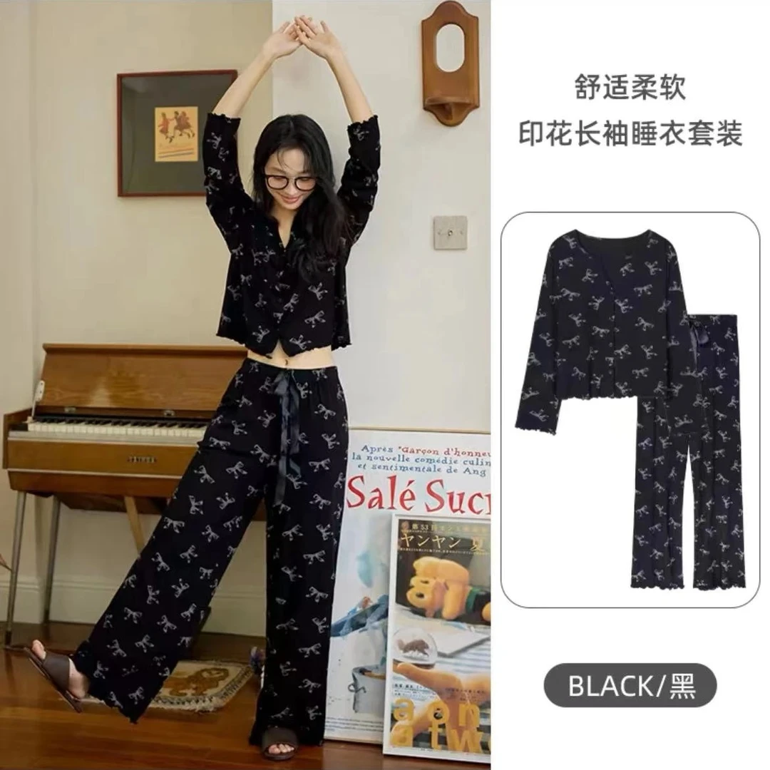 秋季长裤网红蝴蝶结图案睡衣春秋长袖有弹性炸街阔腿裤带胸垫