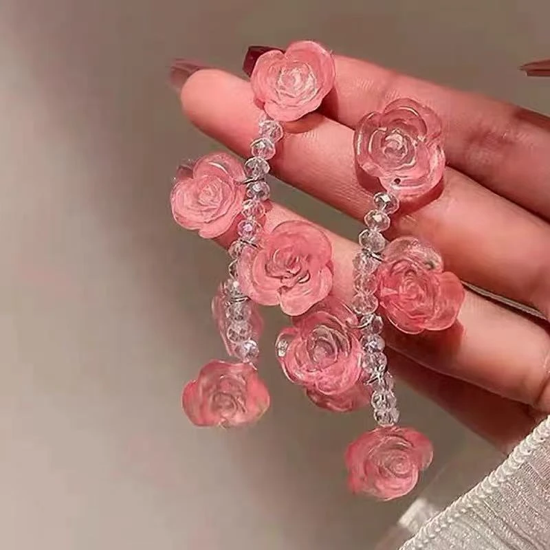 合金树脂耳饰 粉色玫瑰花朵长款流苏耳环女款潮法式气质甜美耳钉