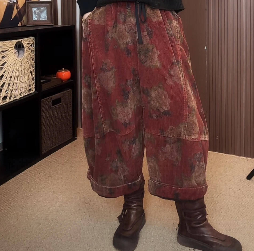 C3329秋季双层灯芯绒休闲裤女宽松炒色碎花双层休闲裤85长140臀围