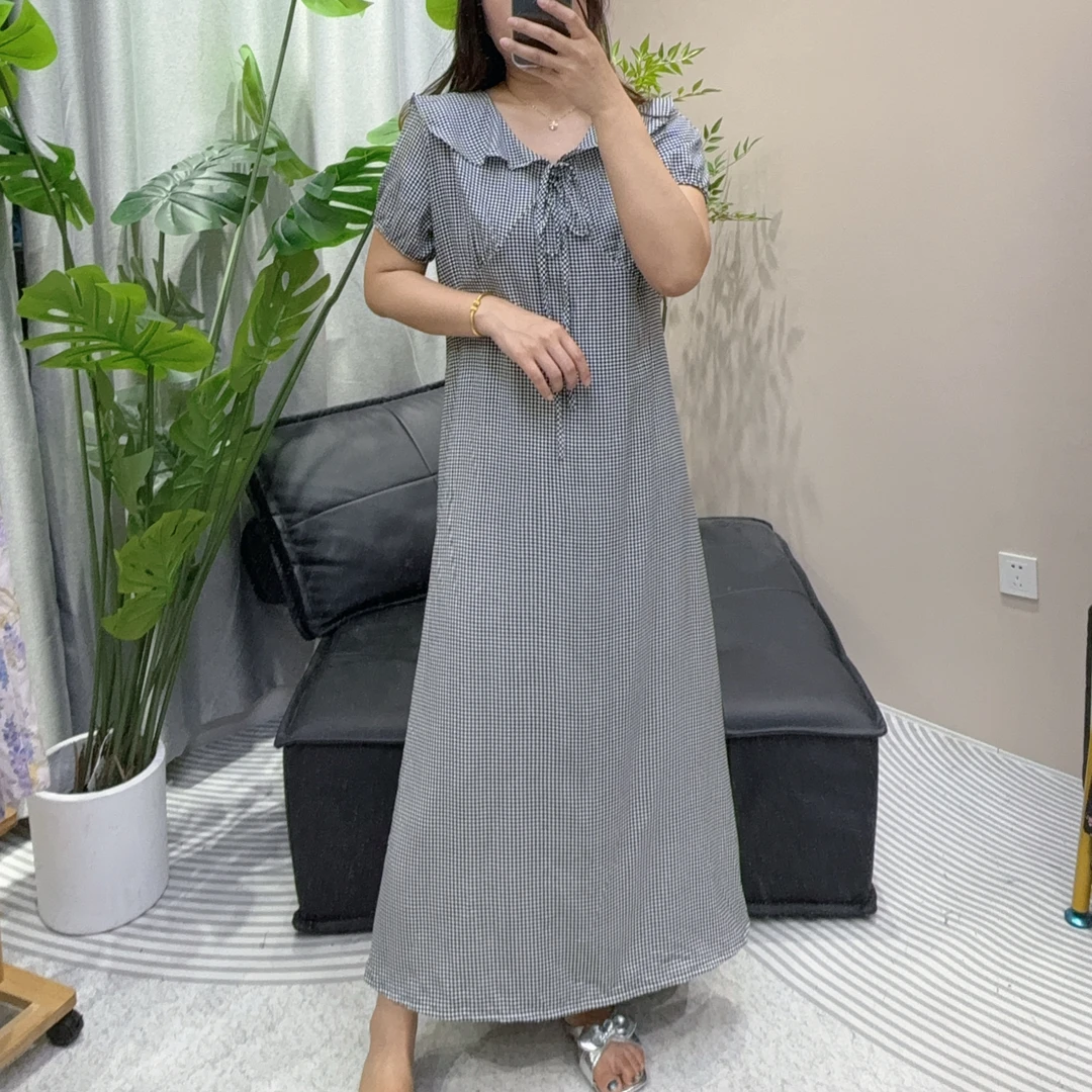 棉绸裙女夏季凉爽收腰显瘦系带娃娃领人造棉连衣裙