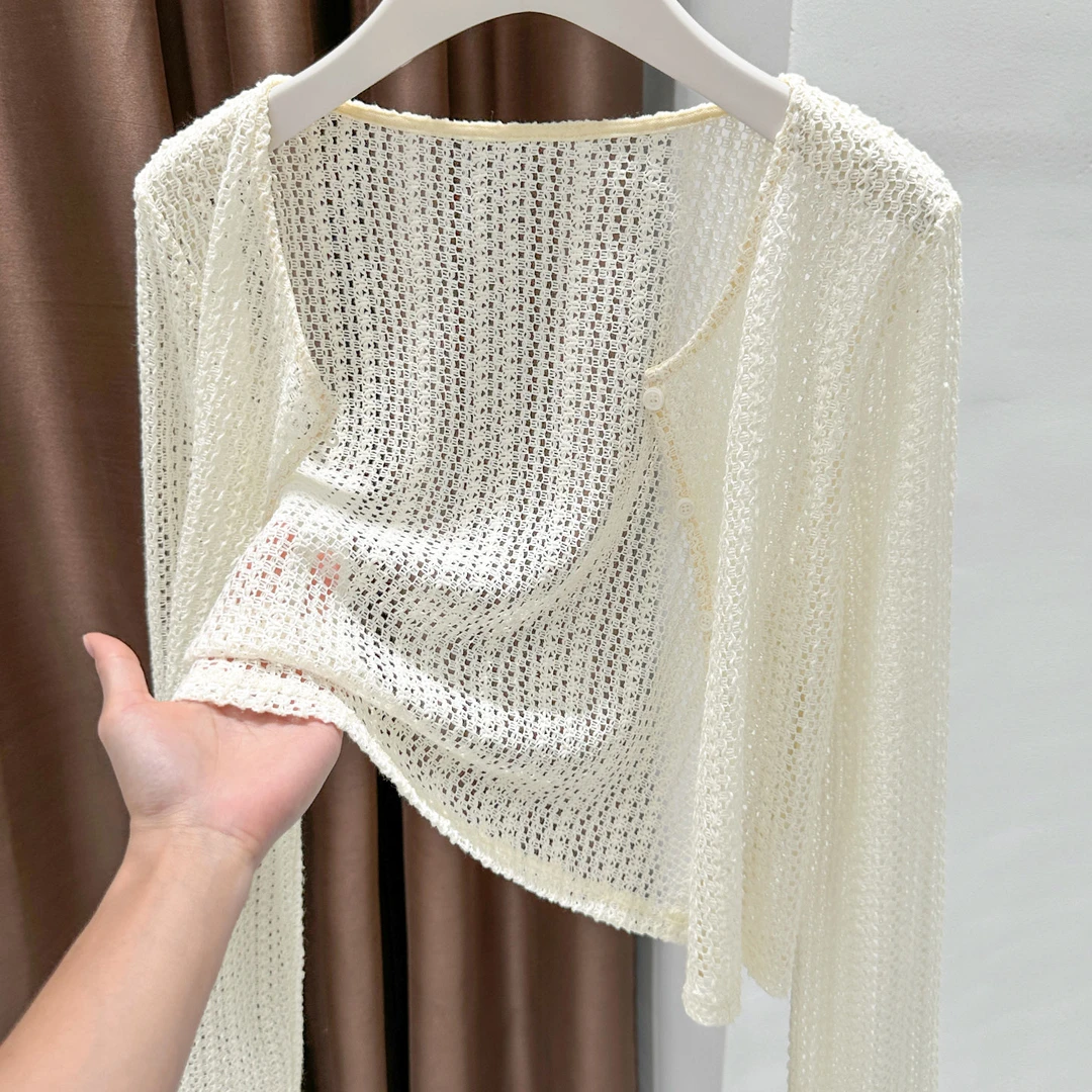 杏色温柔感镂空针织开衫女春季新款配裙子防晒披肩上衣洋气短外套