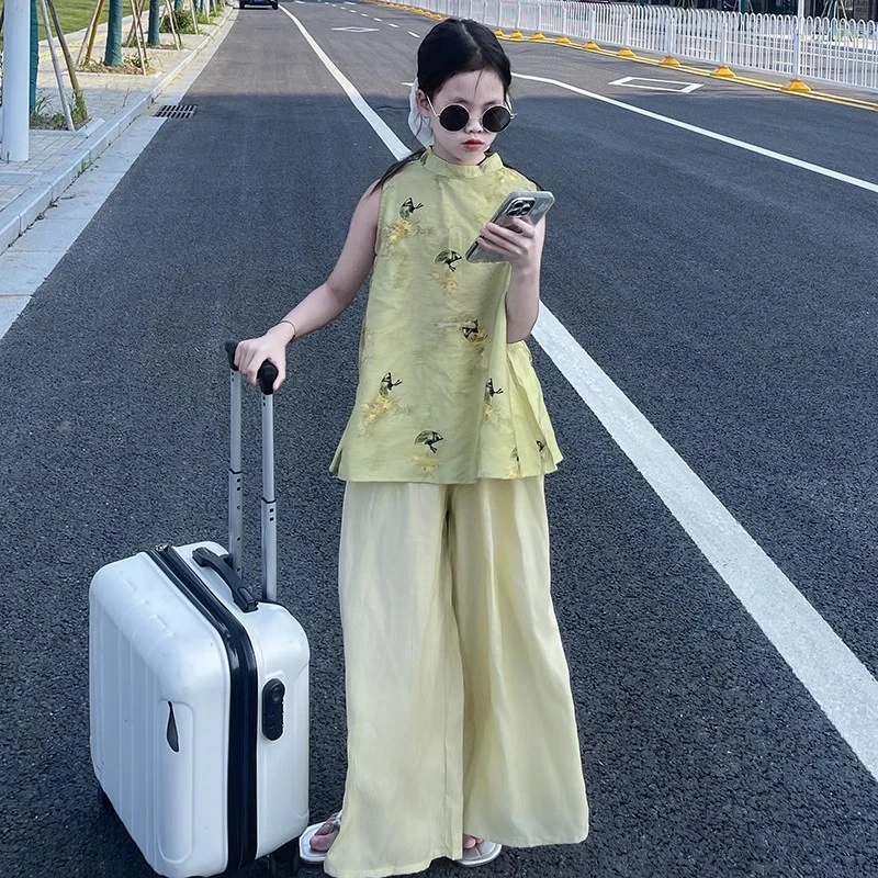 女童中国风套装2025夏季小女孩改良无袖旗袍上衣阔腿裤国风两件套