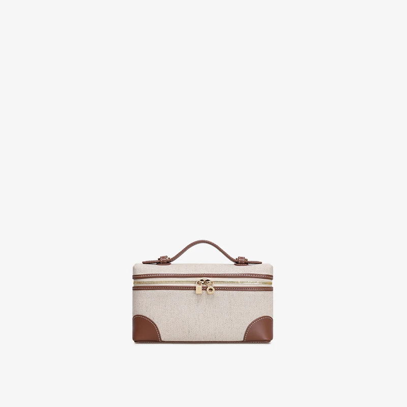 CaitinKaie轻奢----牛皮拼棉麻帆布饭盒包1643手提包撞色斜挎包