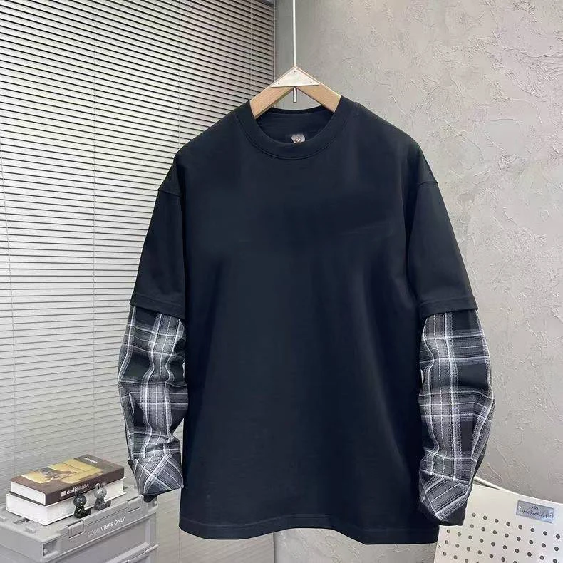 B48（直播间展示为主）男秋冬季高质感加厚假两件拼接圆领卫衣K500