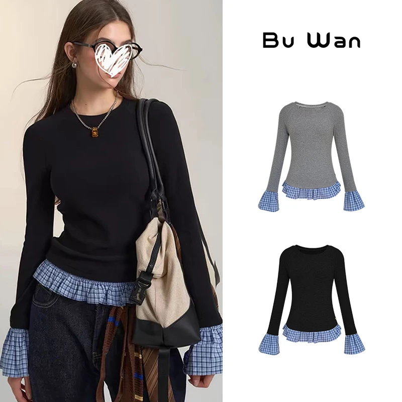 春季超火格纹拼接撞色圆领长袖打底衫修身百搭显瘦t恤上衣女 3075