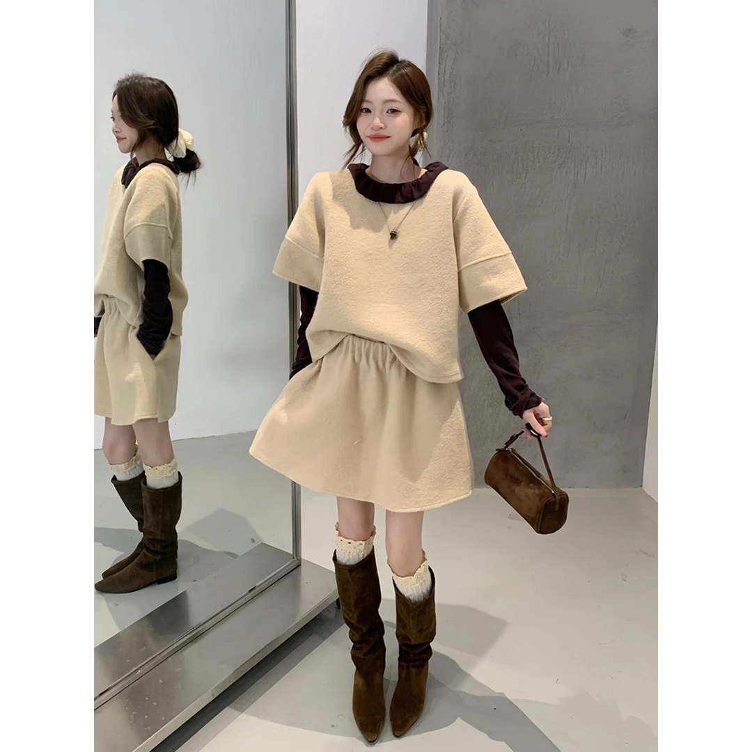 软糯时尚百搭毛衣女2025秋季新款宽松气质假两件针织上衣短裙套装