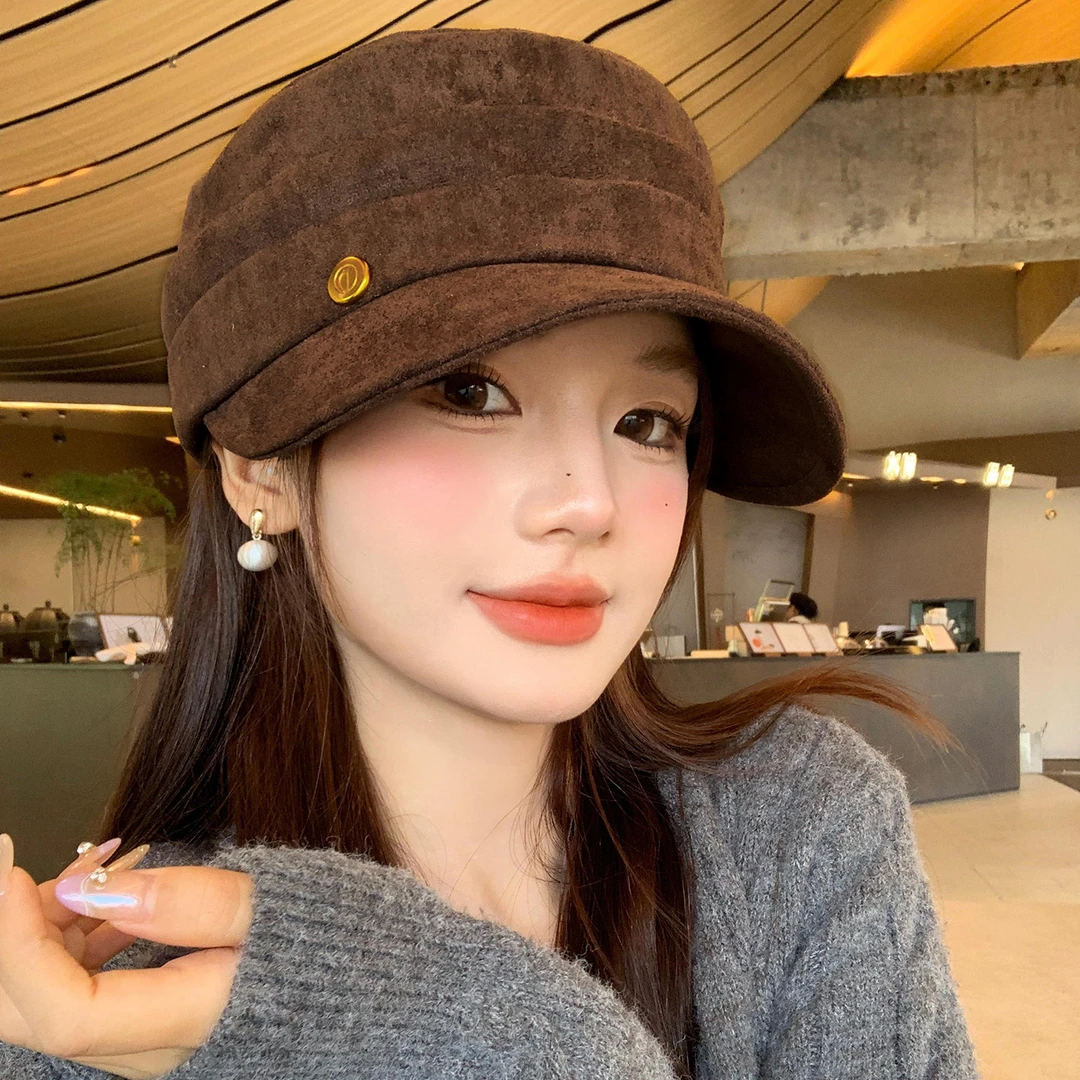 复古麂皮绒平顶马术帽女秋冬显脸小贝雷帽百搭大头围鸭舌报童帽子