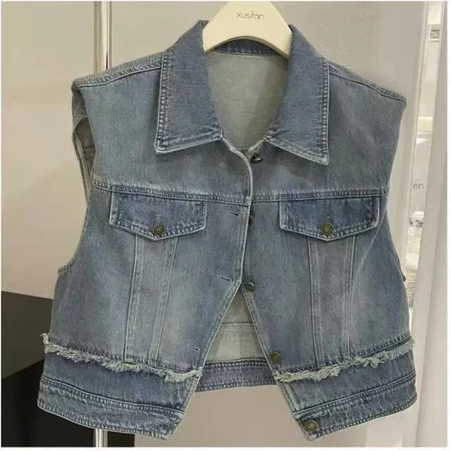 设计感坎肩无袖浅蓝色时尚洋气复古水洗毛边牛仔马甲女女款5-79#