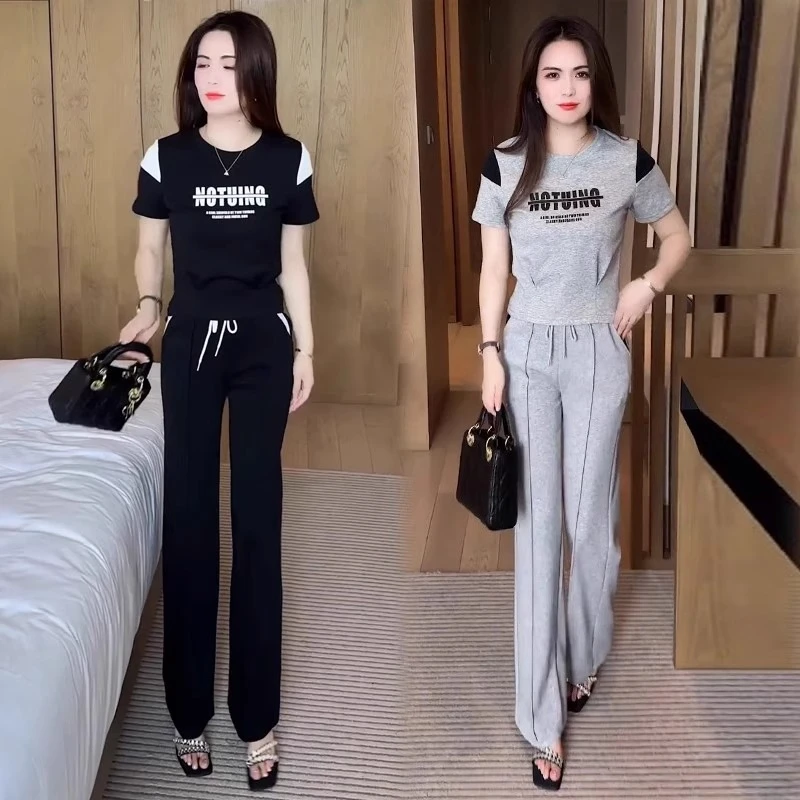 休闲运动服套装女2025夏季新款收腰显瘦短袖字母上衣阔腿裤两件套