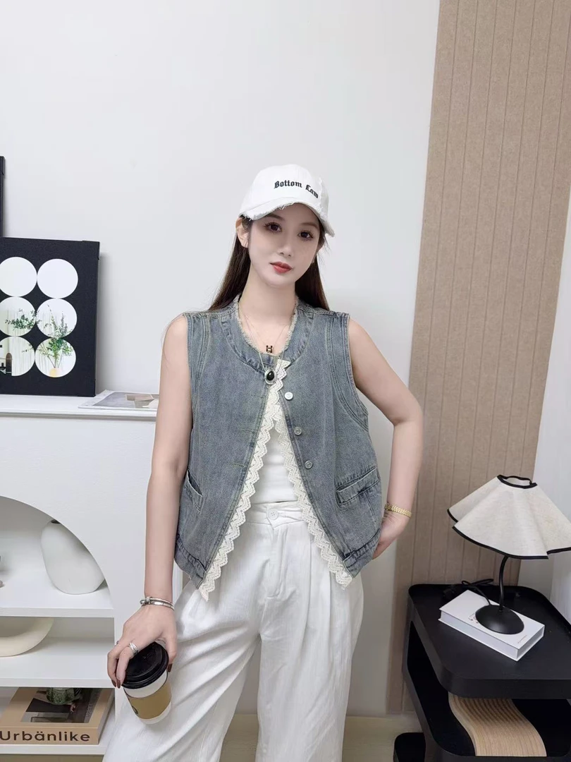 2025春季新款韩版毛边圆领短款牛仔马夹女蕾丝花边马甲背心上衣潮
