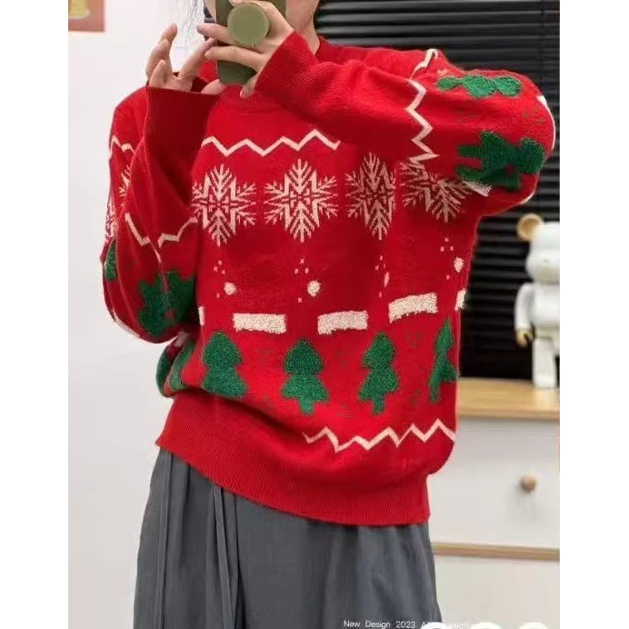 LH107848 羊毛羊绒圣诞节红毛衣女宽松氛围感圣诞风
