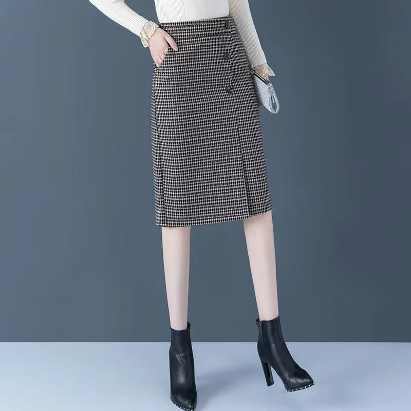 #947 直筒裙格子高腰半身裙一步裙裙子包臀裙毛呢时尚中长款