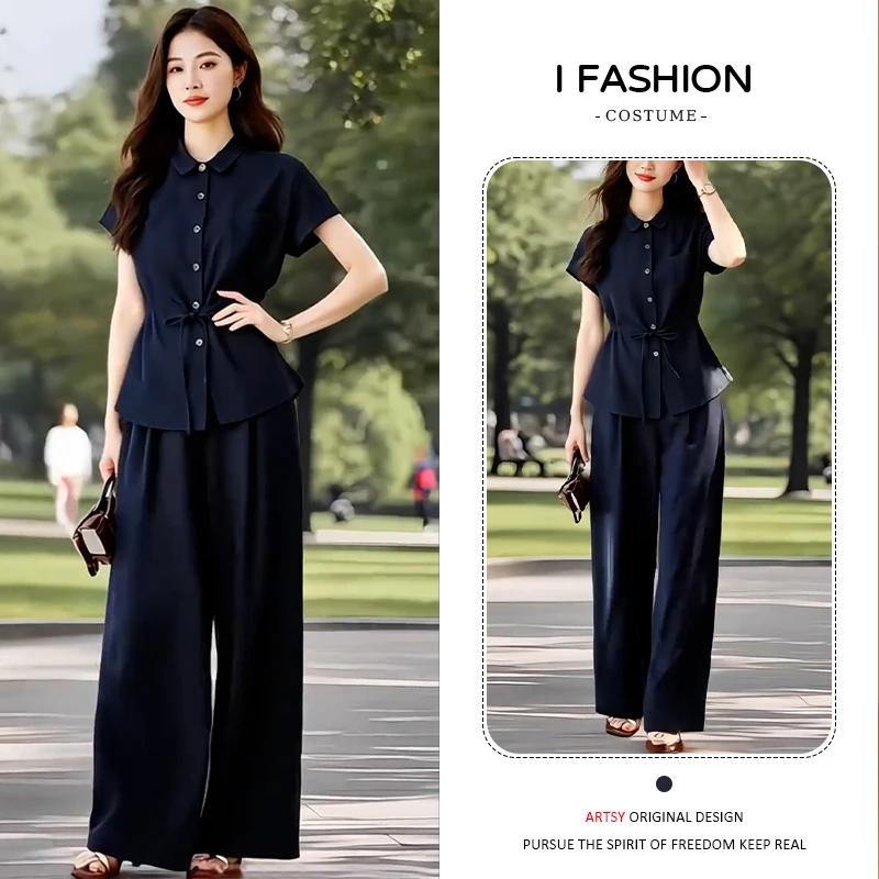 宽松遮肉翻领短袖上衣长裤套装女2025年夏季新款小个子百搭两件套