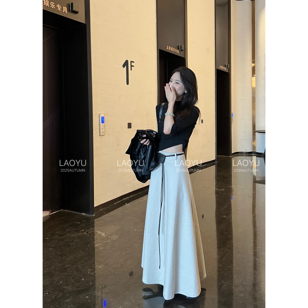 LAOYU（奶白半裙）秋冬时尚高级百搭显瘦高腰A摆半身裙长裙+腰带