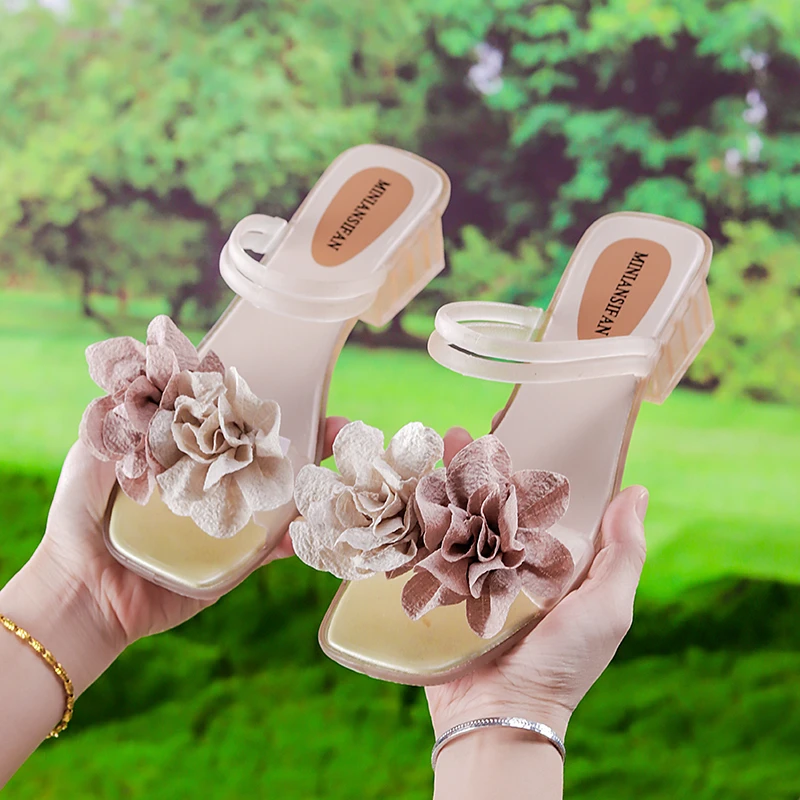 【朵云专属】一字带凉鞋厚底花朵注压百搭女鞋粗跟少女风时尚凉拖鞋