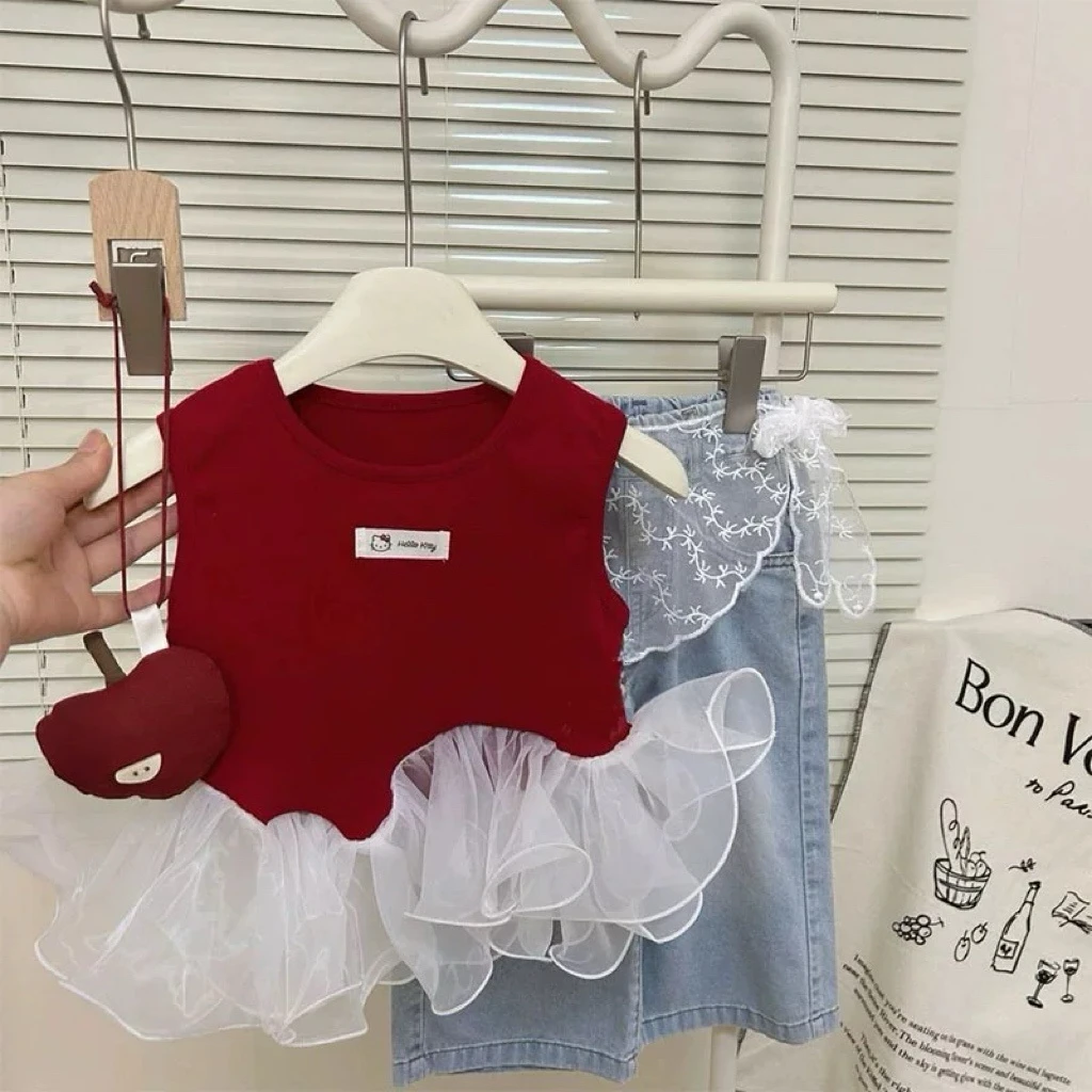 女童洋气套装上衣背心牛仔直筒裤2025新款女孩无袖夏季拼接两件套