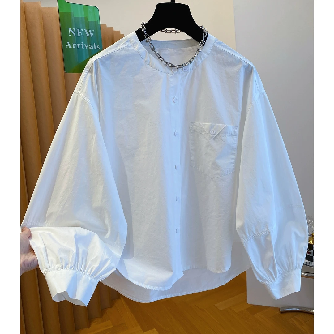 白色圆领衬衫女长袖2025新款秋季宽松休闲气质漂亮灯笼袖纯棉上衣