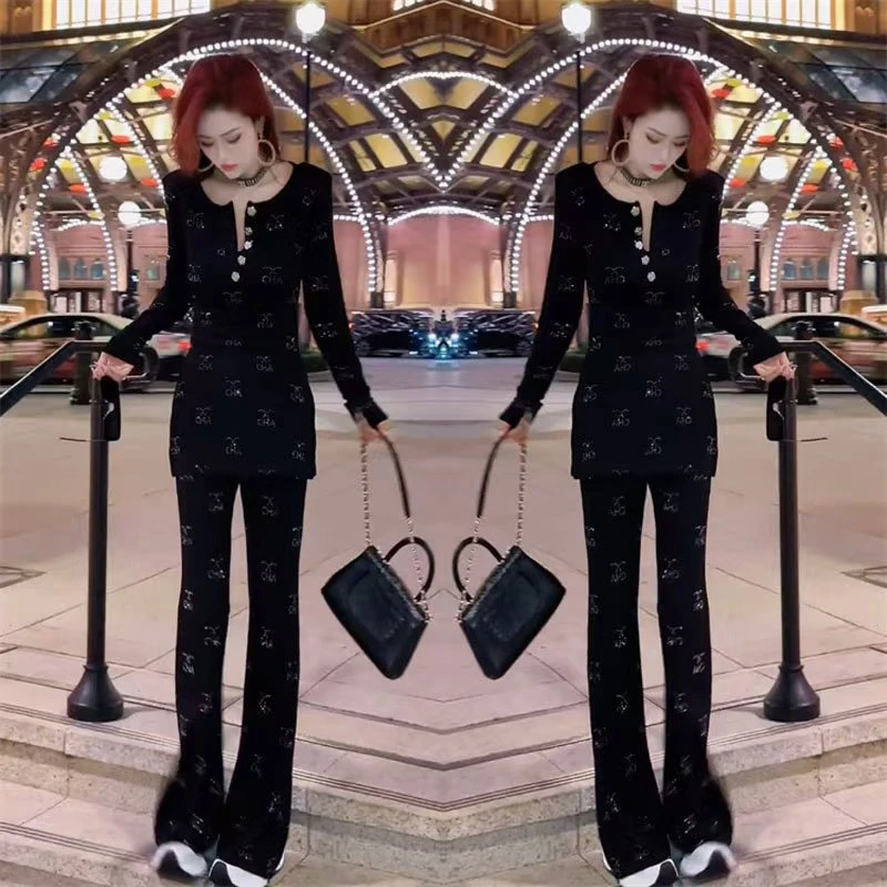 精致气质感时尚套装女2025年春季新款长袖修身重工亮闪小衫+裤子