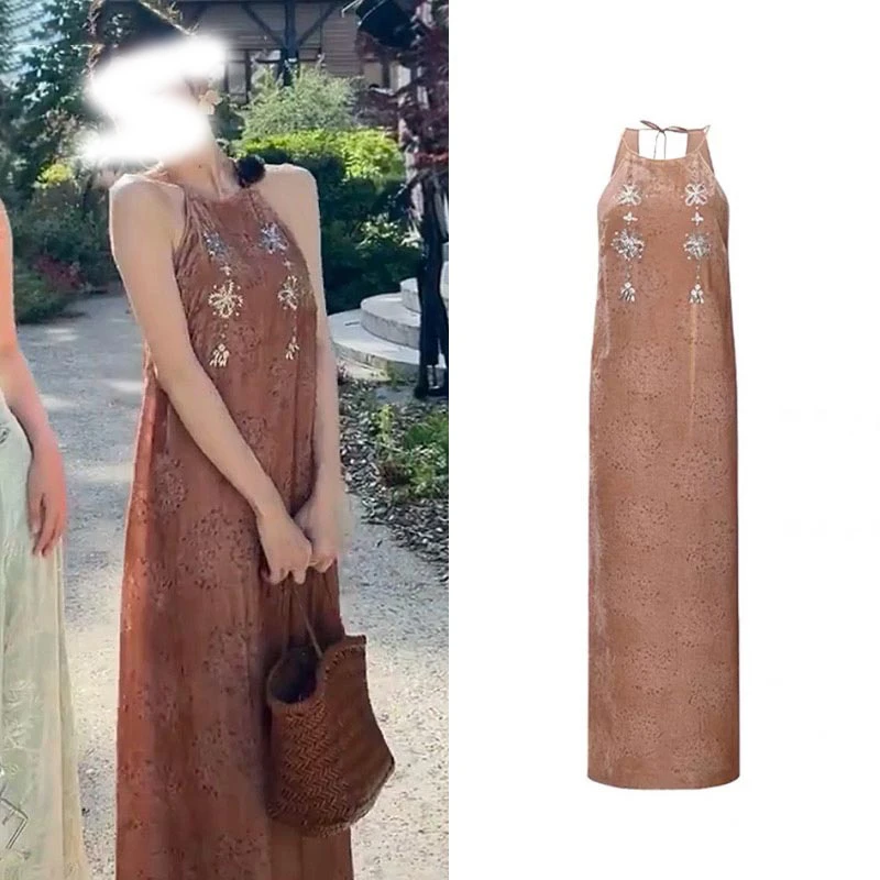 中餐厅姜妍同款法式度假风吊带挂脖巴厘岛连衣裙新中式国风中礼服