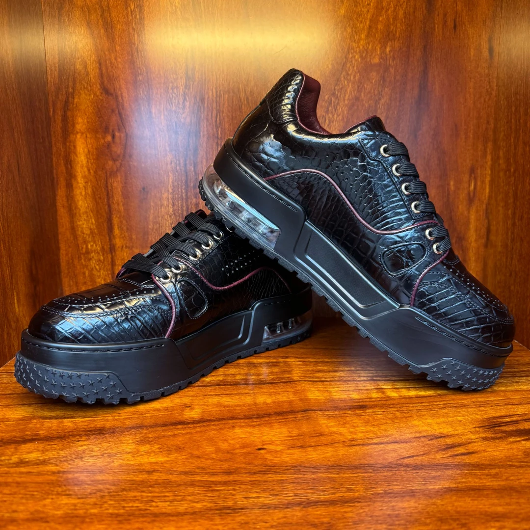 灵鼍LINGTUO金标男鞋全鳄鱼皮全黑配色稀有皮休闲板鞋胎牛皮内里