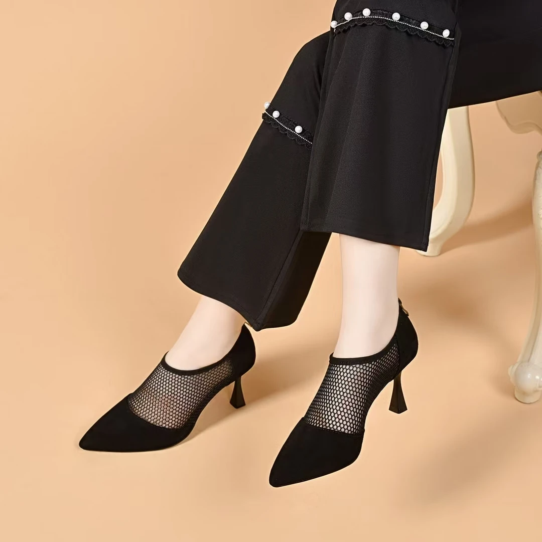 网面镂空凉靴2025年新款夏季网靴真皮磨砂尖头高跟鞋网纱凉鞋粗跟